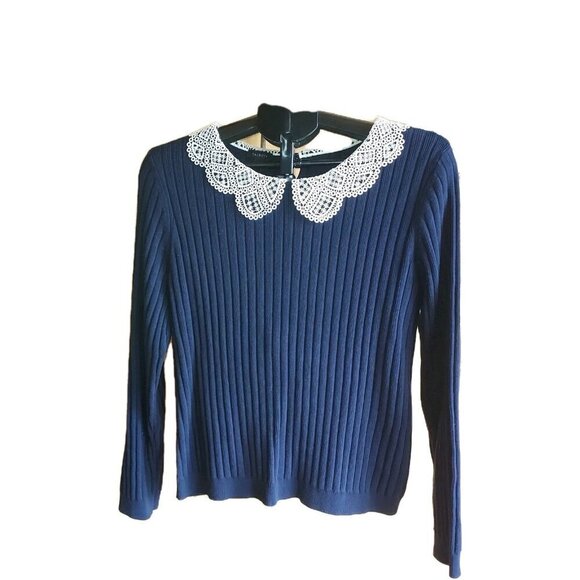 Talbots Sweater Womens Large Navy Knit Crochet Collar, Trad, Wednesday Addams - Picture 1 of 8